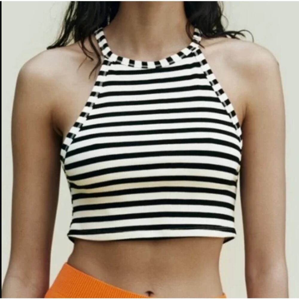NWT ZARA Ribbed Minimalist Halter Black & White Striped Tank Top Womens Sz M